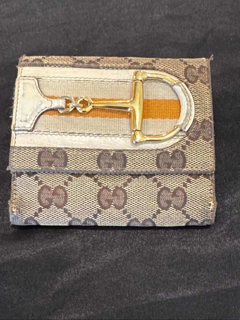 Gucci Brown Monogram wallet with Gold Buckle and Orange Stripe